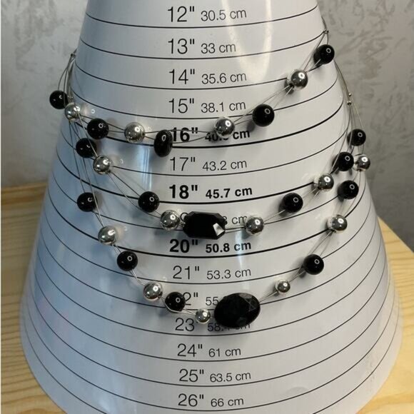 Black and Silver Beaded Invisible Floating Layered Bib Necklace - Picture 4 of 5
